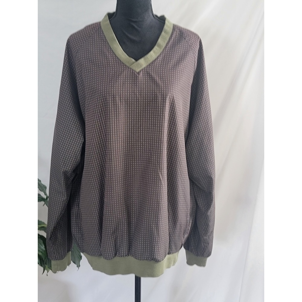 Pebble Beach Mens XL Golf Windshirt V-Neck Pullover Houndstooth Brown Green
